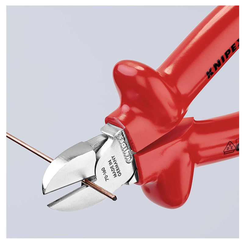 Kìm cắt KNIPEX cách điện 1000V, chiều dài từ 160mm - 180mm, mạ Chrome, tay cầm bọc nhựa kháng dầu mở