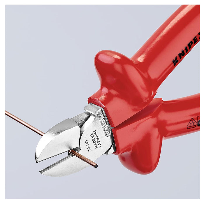 Kìm cắt KNIPEX cách điện 1000V, chiều dài từ 160mm - 180mm, mạ Chrome, tay cầm bọc nhựa kháng dầu mở