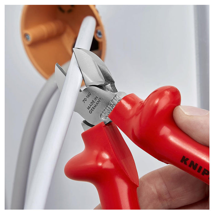 Kìm cắt KNIPEX cách điện 1000V, chiều dài từ 160mm - 180mm, mạ Chrome, tay cầm bọc nhựa kháng dầu mở