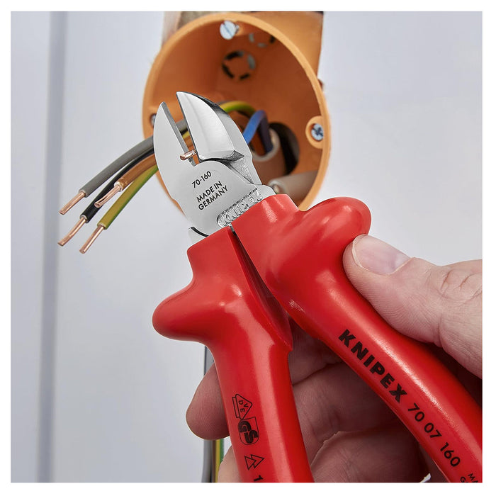 Kìm cắt KNIPEX cách điện 1000V, chiều dài từ 160mm - 180mm, mạ Chrome, tay cầm bọc nhựa kháng dầu mở