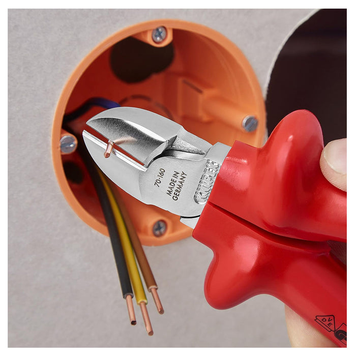 Kìm cắt KNIPEX cách điện 1000V, chiều dài từ 160mm - 180mm, mạ Chrome, tay cầm bọc nhựa kháng dầu mở