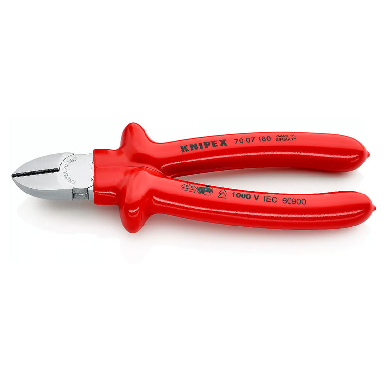 Kìm cắt KNIPEX cách điện 1000V, chiều dài từ 160mm - 180mm, mạ Chrome, tay cầm bọc nhựa kháng dầu mở