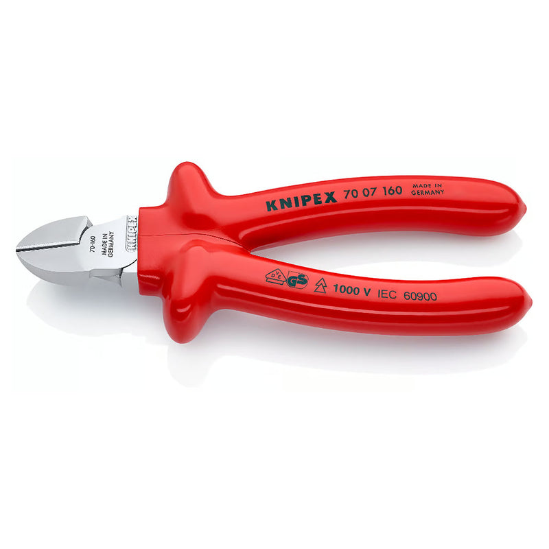 Kìm cắt KNIPEX cách điện 1000V, chiều dài từ 160mm - 180mm, mạ Chrome, tay cầm bọc nhựa kháng dầu mở