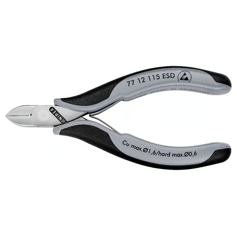Kìm cắt linh kiện điện tử, chống tĩnh điện có kẹp giữ dây, đầu mũi tròn KNIPEX 77 12 115 ESD chiều dài từ 115mm, khả năng cắt từ 0.3mm - 1.6mm