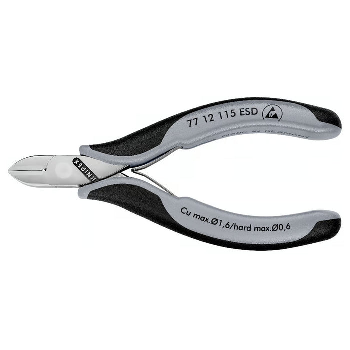 Kìm cắt linh kiện điện tử, chống tĩnh điện có kẹp giữ dây, đầu mũi tròn KNIPEX 77 12 115 ESD chiều dài từ 115mm, khả năng cắt từ 0.3mm - 1.6mm