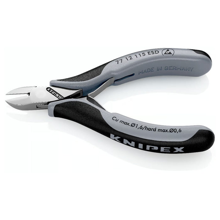 Kìm cắt linh kiện điện tử, chống tĩnh điện có kẹp giữ dây, đầu mũi tròn KNIPEX 77 12 115 ESD chiều dài từ 115mm, khả năng cắt từ 0.3mm - 1.6mm