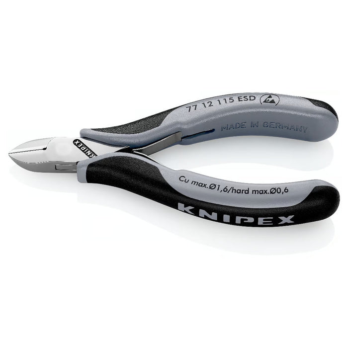 Kìm cắt linh kiện điện tử, chống tĩnh điện có kẹp giữ dây, đầu mũi tròn KNIPEX 77 12 115 ESD chiều dài từ 115mm, khả năng cắt từ 0.3mm - 1.6mm