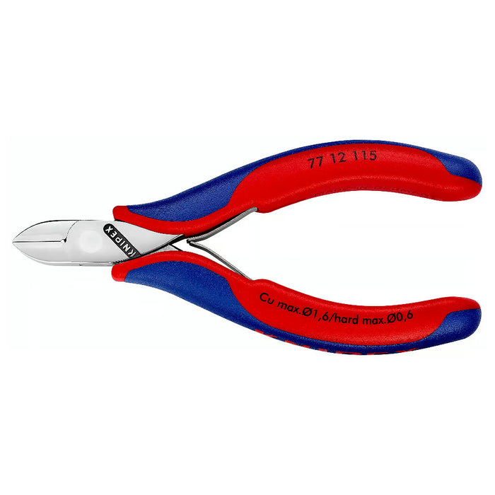 Kìm cắt linh kiện điện tử, có nang trợ lực và kẹp giữ dây, đầu mũi tròn KNIPEX 77 12 115 chiều dài từ 115mm, khả năng cắt từ 0.3mm - 1.6mm