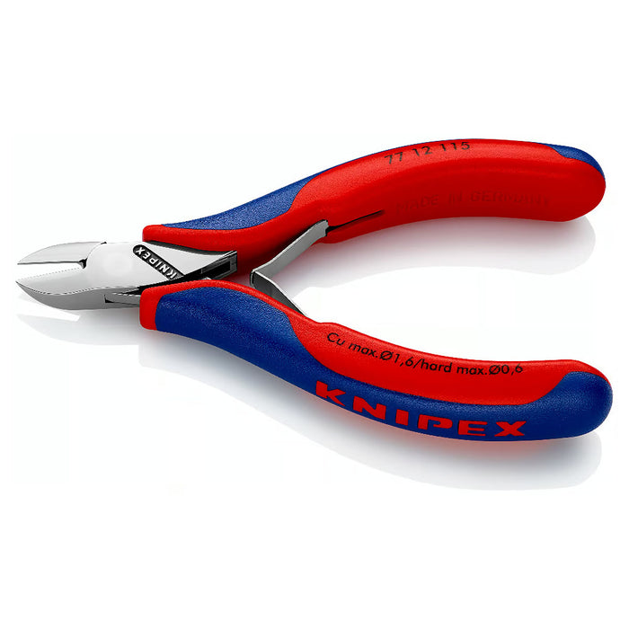 Kìm cắt linh kiện điện tử, có nang trợ lực và kẹp giữ dây, đầu mũi tròn KNIPEX 77 12 115 chiều dài từ 115mm, khả năng cắt từ 0.3mm - 1.6mm