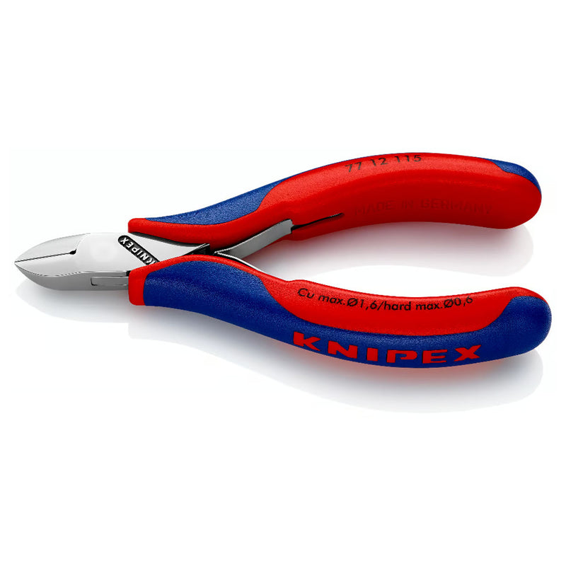 Kìm cắt linh kiện điện tử, có nang trợ lực và kẹp giữ dây, đầu mũi tròn KNIPEX 77 12 115 chiều dài từ 115mm, khả năng cắt từ 0.3mm - 1.6mm