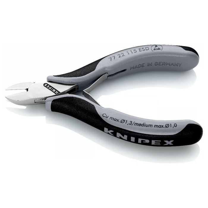 Kìm cắt linh kiện điện tử, chống tĩnh điện, đầu mũi tròn KNIPEX 77 22 115 ESD chiều dài 115mm, khả năng cắt từ 0.3mm - 1.3mm