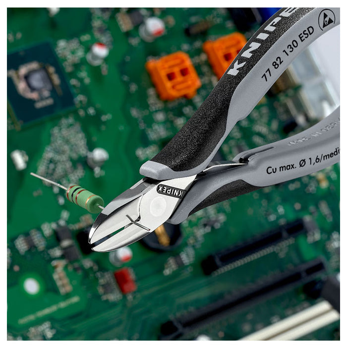 Kìm cắt linh kiện điện tử, chống tĩnh điện, đầu mũi tròn KNIPEX 77 82 130 ESD chiều dài 130mm, khả năng cắt từ 0.3mm - 1.6mm