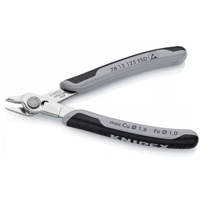 Kìm cắt linh kiện điện tử, có kẹp giữ dây, chống tĩnh điện dòng Super Knips KNIPEX 78 13 125 ESD chiều dài 125mm, khả năng cắt từ 0.2mm - 1.6mm
