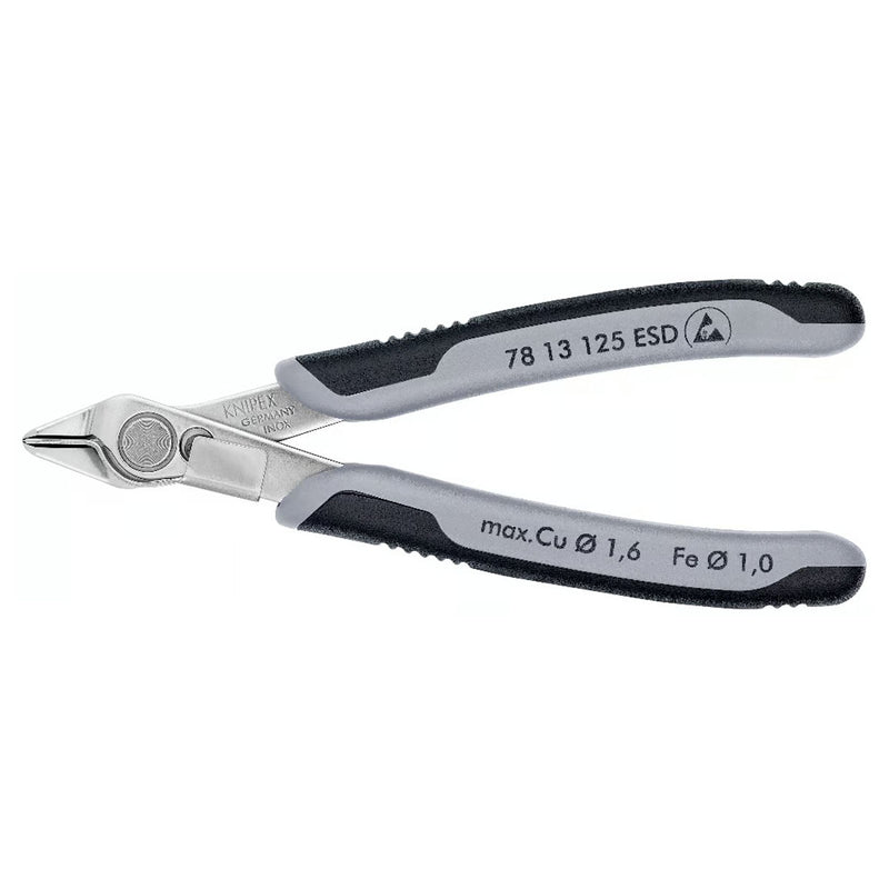 Kìm cắt linh kiện điện tử, có kẹp giữ dây, chống tĩnh điện dòng Super Knips KNIPEX 78 13 125 ESD chiều dài 125mm, khả năng cắt từ 0.2mm - 1.6mm