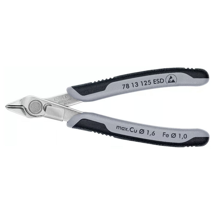 Kìm cắt linh kiện điện tử, có kẹp giữ dây, chống tĩnh điện dòng Super Knips KNIPEX 78 13 125 ESD chiều dài 125mm, khả năng cắt từ 0.2mm - 1.6mm