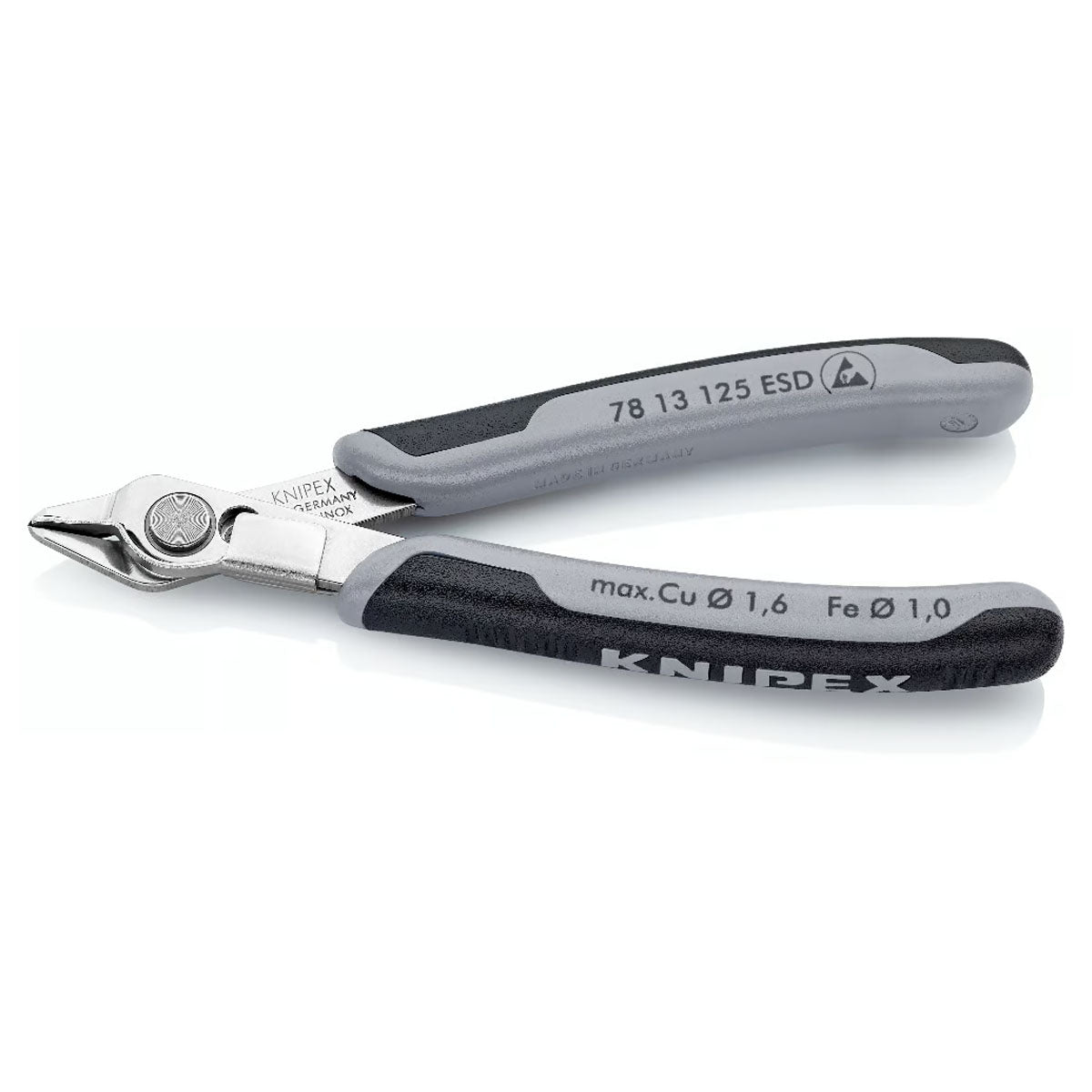 Kìm cắt linh kiện điện tử, có kẹp giữ dây, chống tĩnh điện dòng Super Knips KNIPEX 78 13 125 ESD chiều dài 125mm, khả năng cắt từ 0.2mm - 1.6mm