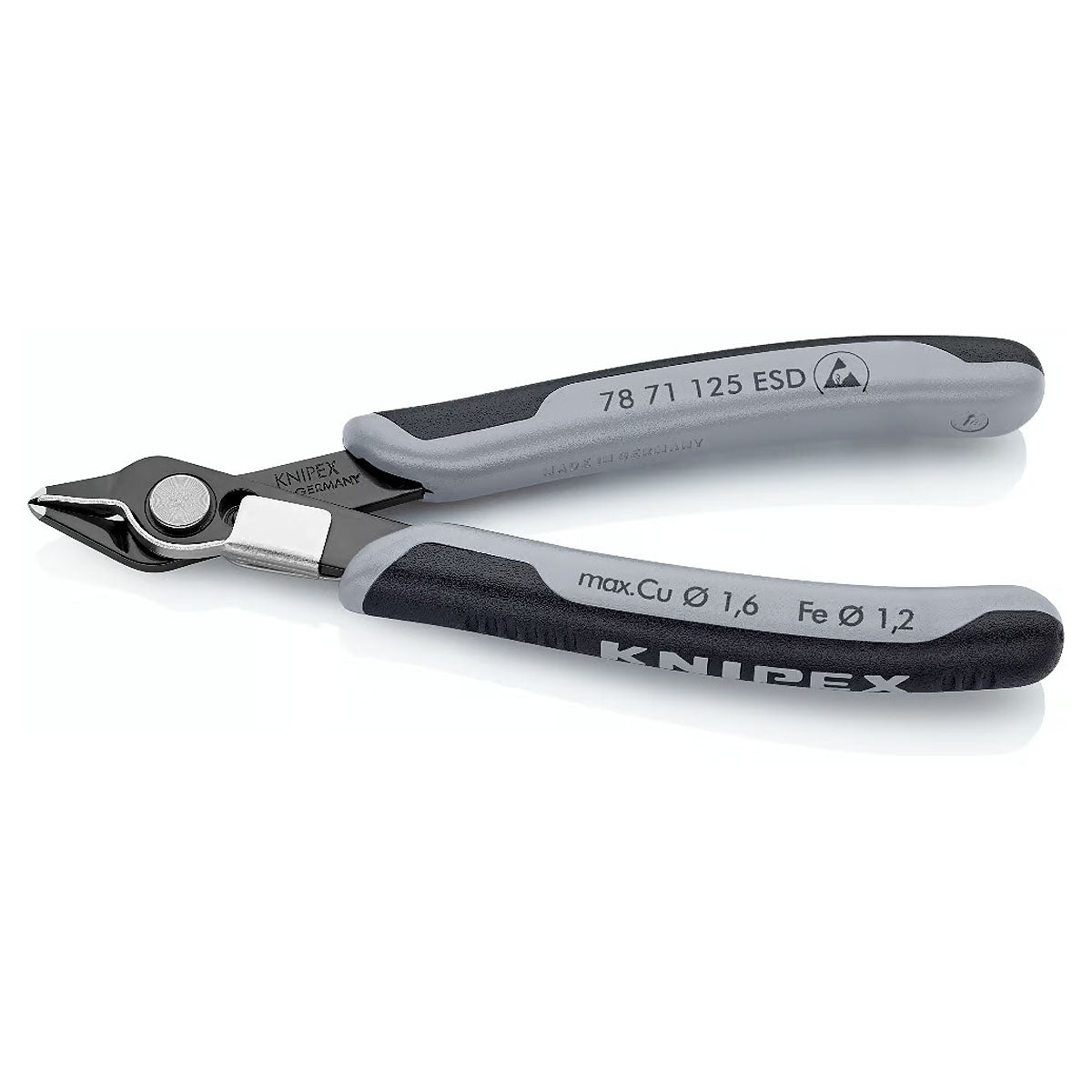 Kìm cắt linh kiện điện tử, có kẹp giữ dây, chống tĩnh điện dòng Super Knips KNIPEX 78 71 125 ESD chiều dài 125mm, khả năng cắt từ 0.2mm - 1.6mm