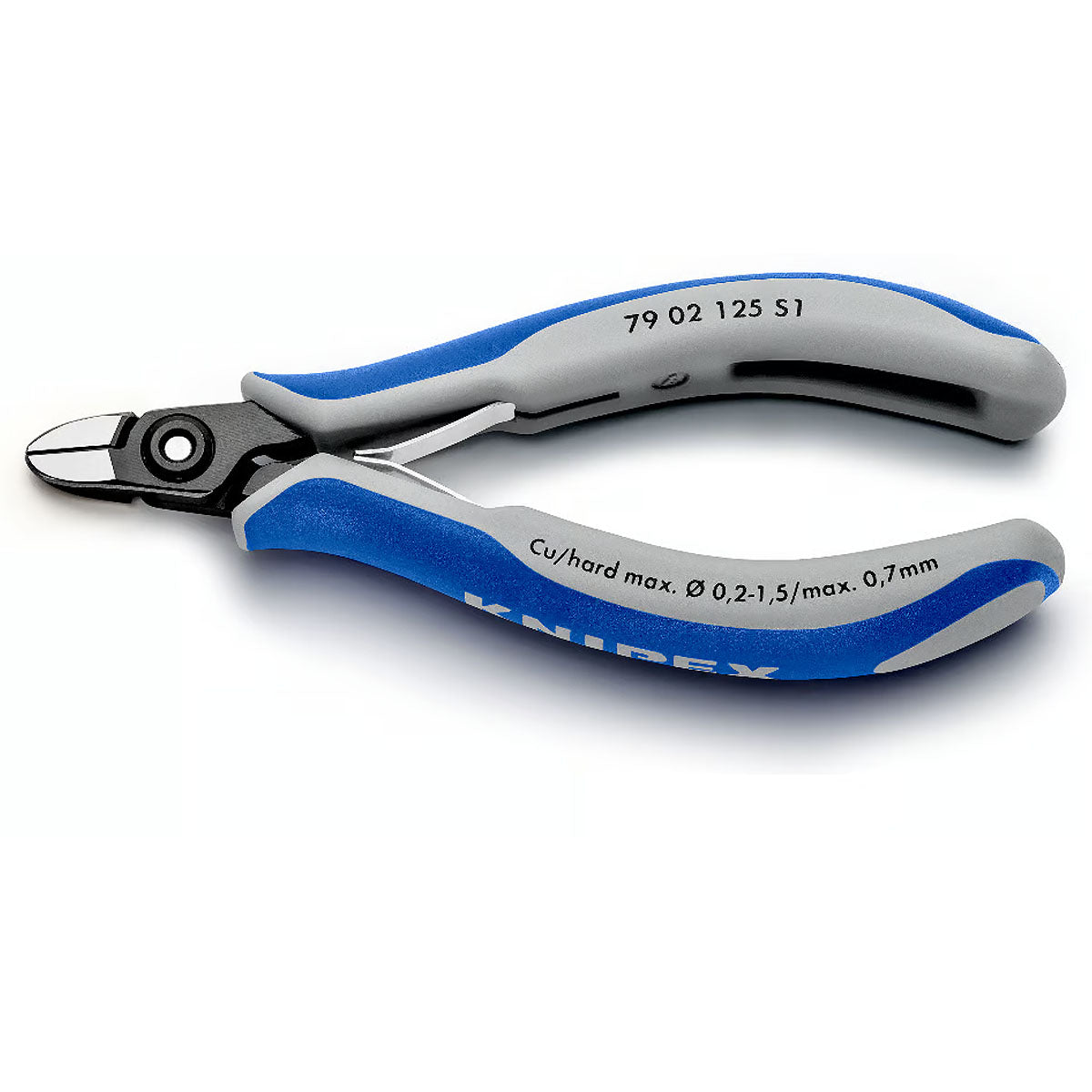 Kìm cắt linh kiện điện tử, có nang trợ lực, đầu mũi thuôn tròn KNIPEX 79 02 125 S1 chiều dài 125mm, khả năng cắt từ 0.2mm - 1.7mm
