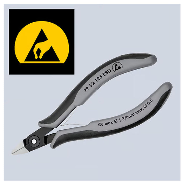 Kìm cắt linh kiện điện tử, chống tĩnh điện, có kẹp giữ dây, đầu mũi nhọn KNIPEX 79 52 125 ESD chiều dài 125mm, khả năng cắt từ 0.2mm - 1.3mm