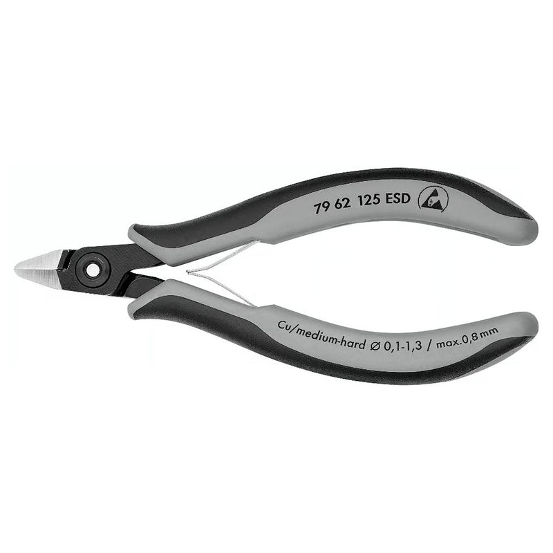 Kìm cắt linh kiện điện tử, chống tĩnh điện, tích hợp kẹp giữ dây, đầu mũi nhọn KNIPEX 79 62 125 ESD chiều dài 125mm, khả năng cắt từ 0.1mm - 1.3mm
