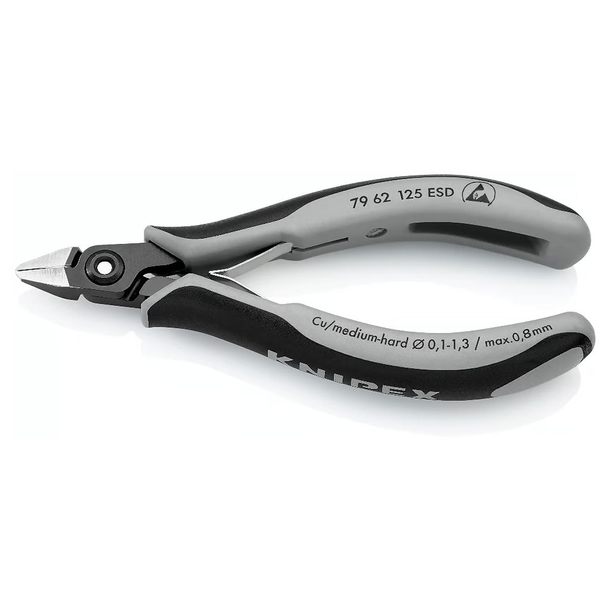 Kìm cắt linh kiện điện tử, chống tĩnh điện, tích hợp kẹp giữ dây, đầu mũi nhọn KNIPEX 79 62 125 ESD chiều dài 125mm, khả năng cắt từ 0.1mm - 1.3mm