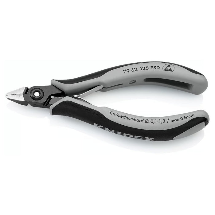 Kìm cắt linh kiện điện tử, chống tĩnh điện, tích hợp kẹp giữ dây, đầu mũi nhọn KNIPEX 79 62 125 ESD chiều dài 125mm, khả năng cắt từ 0.1mm - 1.3mm