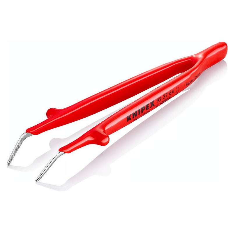 Nhíp gắp linh kiện điện tử mũi cong 30° KNIPEX 92 37 64 cách điện 1000V, chiều dài 148mm, đầu nhíp bè 1.0mm, bề mặt có răng khía