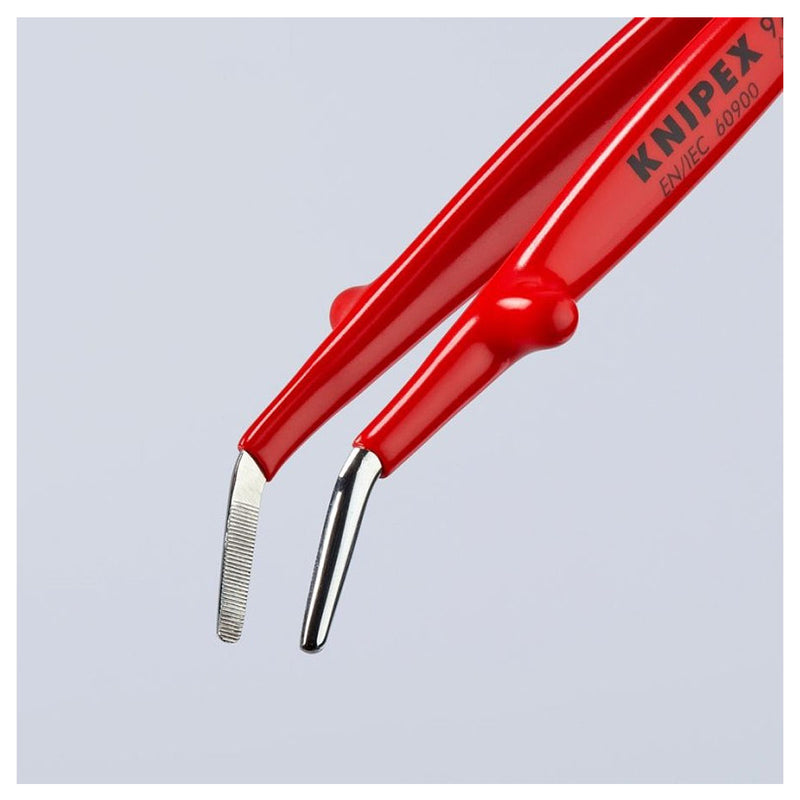 Nhíp gắp linh kiện điện tử mũi cong 30° KNIPEX 92 47 01 cách điện 1000V, chiều dài 142mm, đầu nhíp bè 1.3mm, bề mặt có răng khía