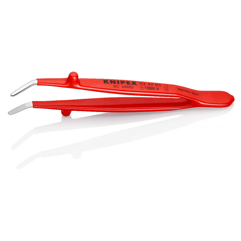 Nhíp gắp linh kiện điện tử mũi cong 30° KNIPEX 92 47 01 cách điện 1000V, chiều dài 142mm, đầu nhíp bè 1.3mm, bề mặt có răng khía
