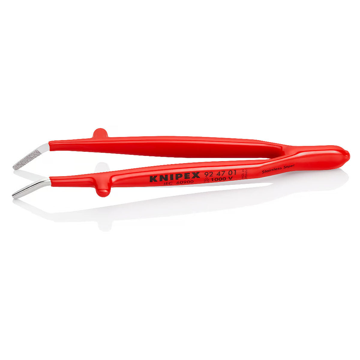 Nhíp gắp linh kiện điện tử mũi cong 30° KNIPEX 92 47 01 cách điện 1000V, chiều dài 142mm, đầu nhíp bè 1.3mm, bề mặt có răng khía