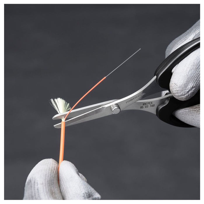 Kéo cắt chuyên dùng cắt sợi tổng hợp Kevlar trong cáp quang KNIPEX 95 03 160 SB chiều dài 160mm, mạ Chrome