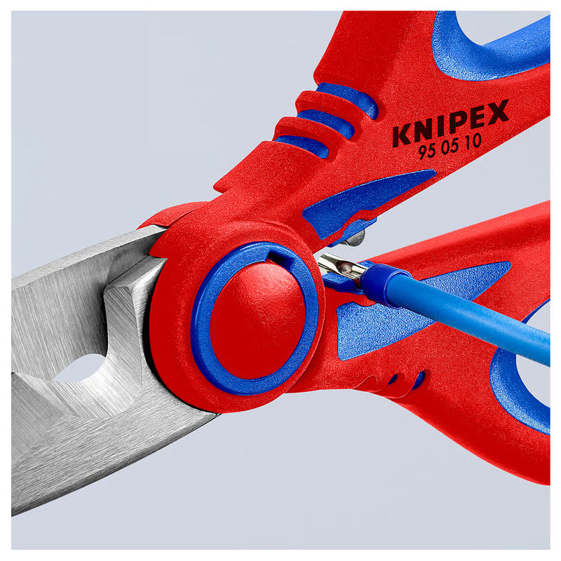Kéo cắt tích hợp lỗ bấm cose, chuyên dùng cho thợ điện KNIPEX 95 05 10 SB chiều dài 190mm, tay cầm bọc nhựa chống trượt