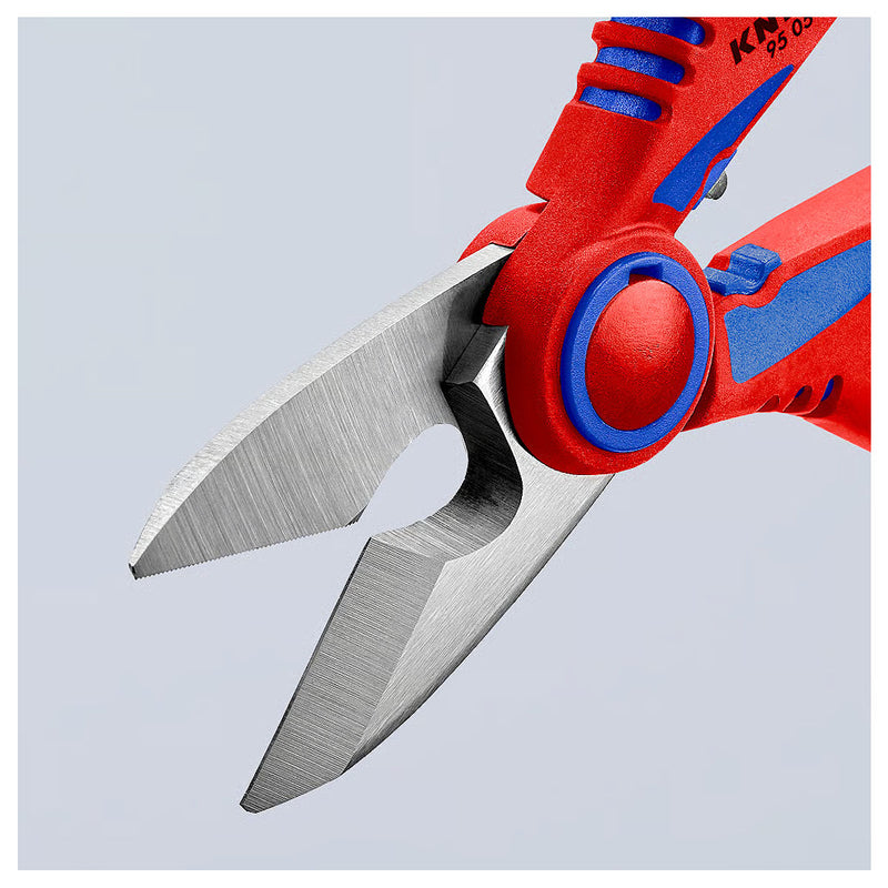 Kéo cắt tích hợp lỗ bấm cose, chuyên dùng cho thợ điện KNIPEX 95 05 10 SB chiều dài 190mm, tay cầm bọc nhựa chống trượt