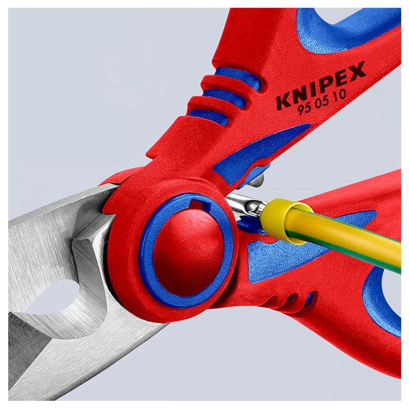 Kéo cắt tích hợp lỗ bấm cose, chuyên dùng cho thợ điện KNIPEX 95 05 10 SB chiều dài 190mm, tay cầm bọc nhựa chống trượt