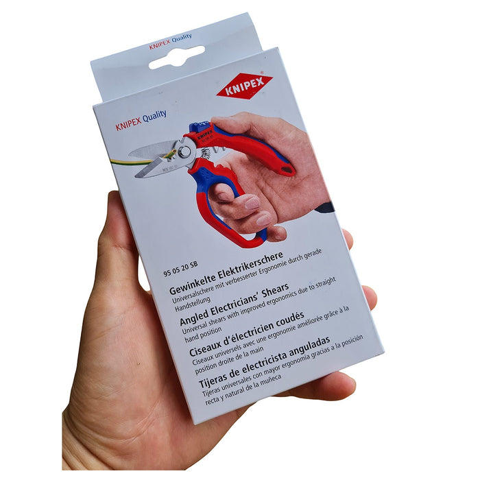 Kéo cắt lưỡi cong 45°, chuyên dùng cho thợ điện KNIPEX 95 05 20 SB chiều dài 160mm, tay cầm bọc nhựa chống trượt