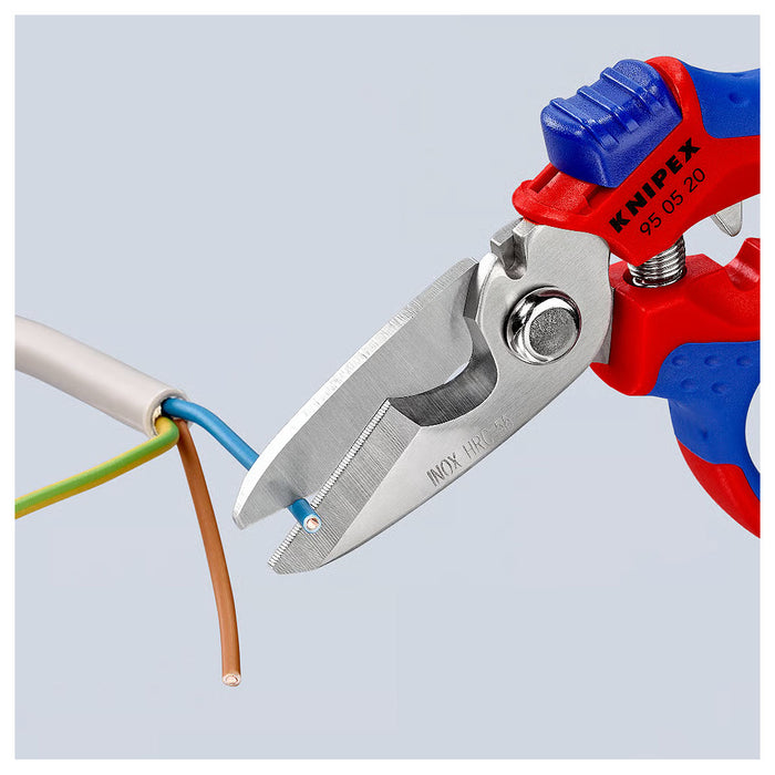 Kéo cắt lưỡi cong 45°, chuyên dùng cho thợ điện KNIPEX 95 05 20 SB chiều dài 160mm, tay cầm bọc nhựa chống trượt