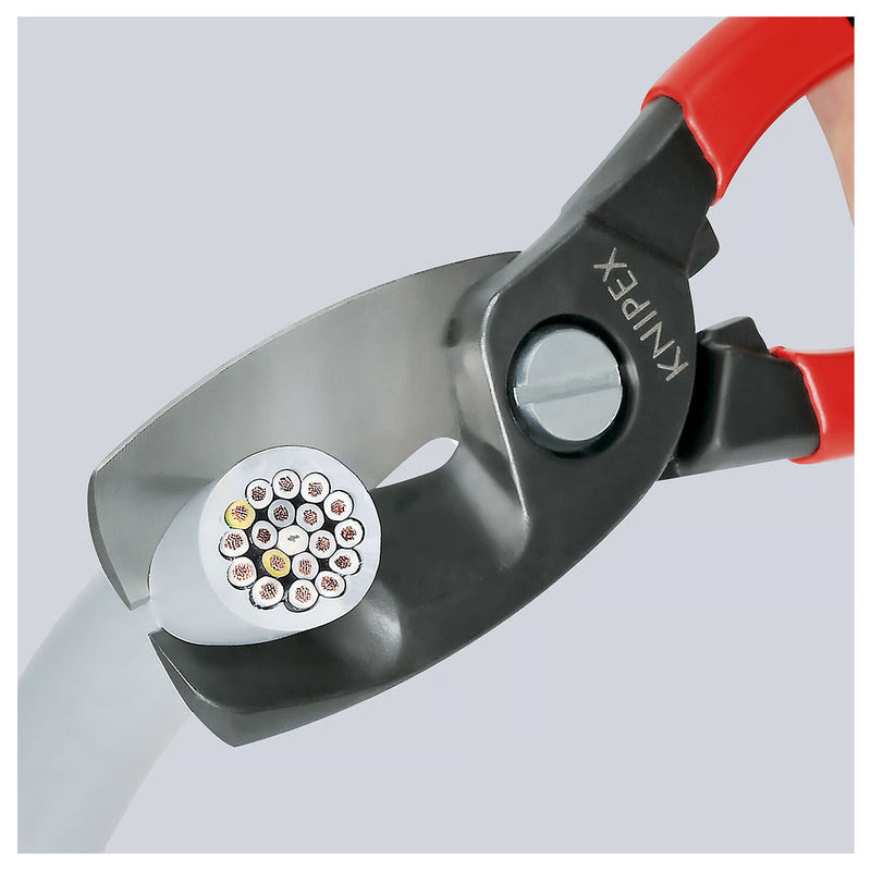 Kìm cắt cáp lưỡi kép KNIPEX 95 11 200 chiều dài 200mm, mạ đen nhám, tay cầm bọc nhựa kháng dầu mở