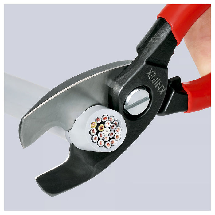 Kìm cắt cáp lưỡi kép KNIPEX 95 11 200 chiều dài 200mm, mạ đen nhám, tay cầm bọc nhựa kháng dầu mở