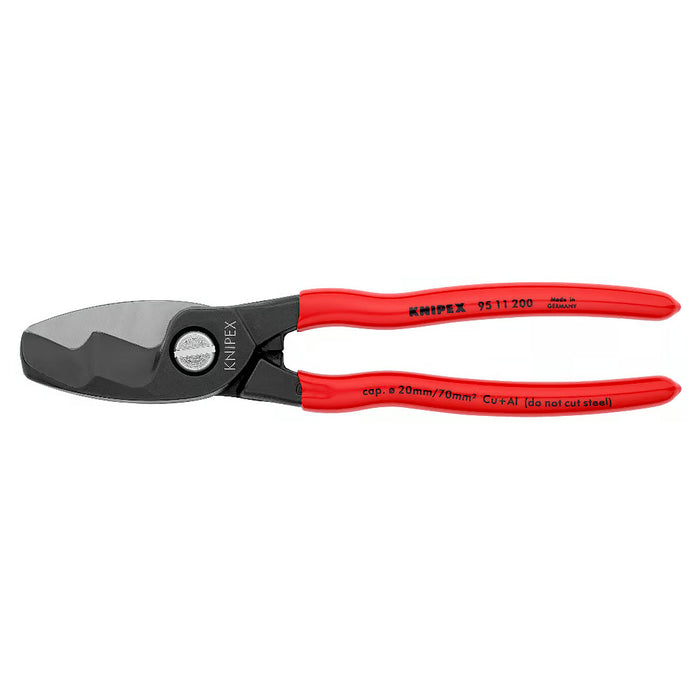 Kìm cắt cáp lưỡi kép KNIPEX 95 11 200 chiều dài 200mm, mạ đen nhám, tay cầm bọc nhựa kháng dầu mở