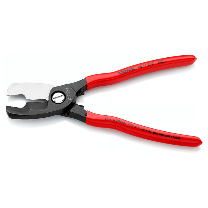 Kìm cắt cáp lưỡi kép KNIPEX 95 11 200 chiều dài 200mm, mạ đen nhám, tay cầm bọc nhựa kháng dầu mở