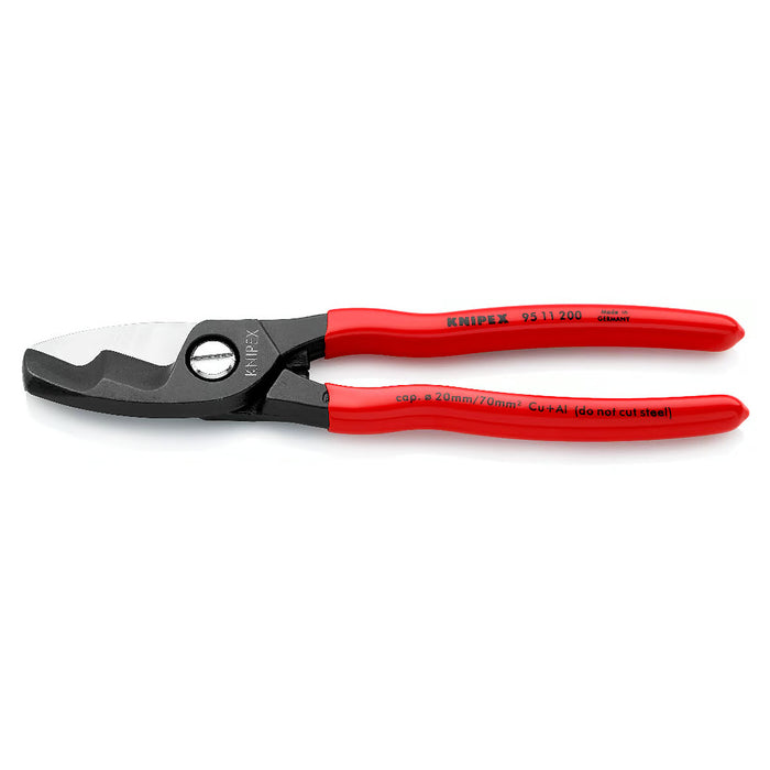 Kìm cắt cáp lưỡi kép KNIPEX 95 11 200 chiều dài 200mm, mạ đen nhám, tay cầm bọc nhựa kháng dầu mở