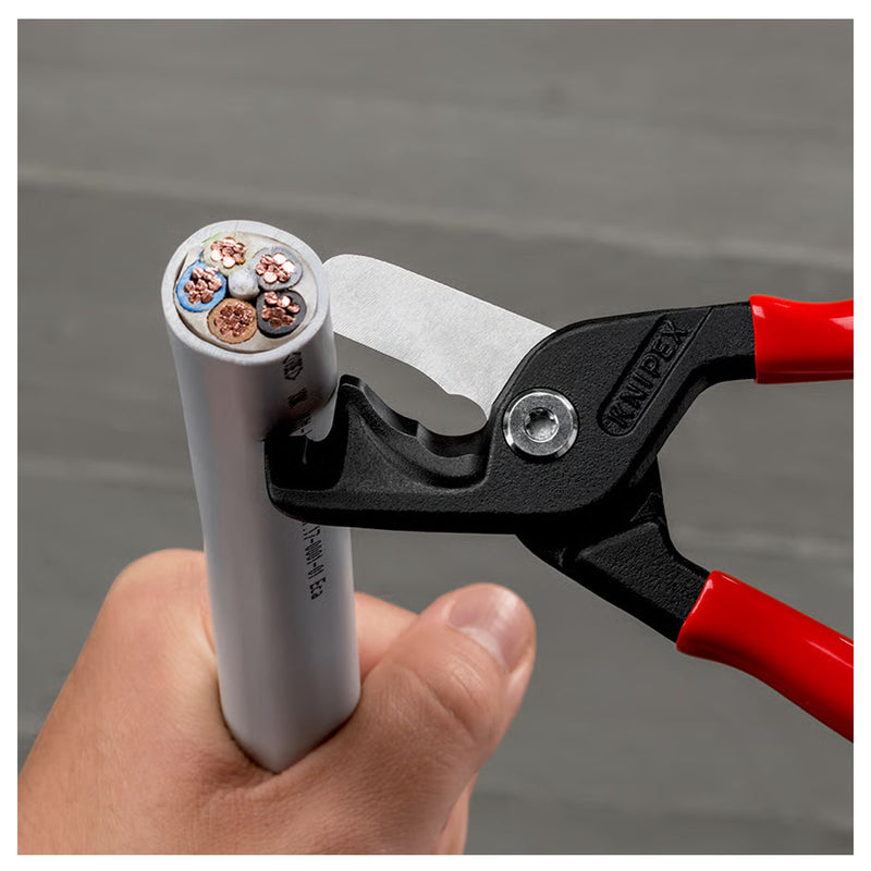 Kìm cắt cáp lưỡi kép dòng StepCut XL KNIPEX 95 11 225 chiều dài 225mm, mạ đen nhám, tay cầm bọc nhựa bóng kháng dầu mở