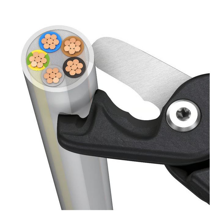 Kìm cắt cáp lưỡi kép dòng StepCut XL KNIPEX 95 11 225 chiều dài 225mm, mạ đen nhám, tay cầm bọc nhựa bóng kháng dầu mở