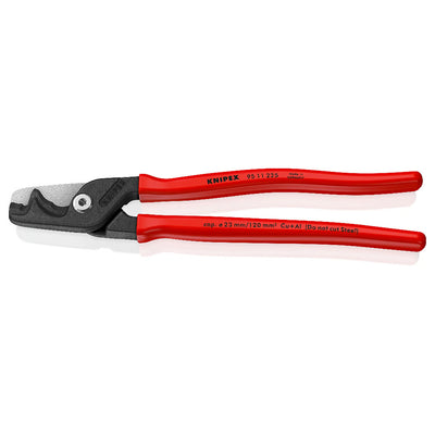 Kìm cắt cáp lưỡi kép dòng StepCut XL KNIPEX 95 11 225 chiều dài 225mm, mạ đen nhám, tay cầm bọc nhựa bóng kháng dầu mở