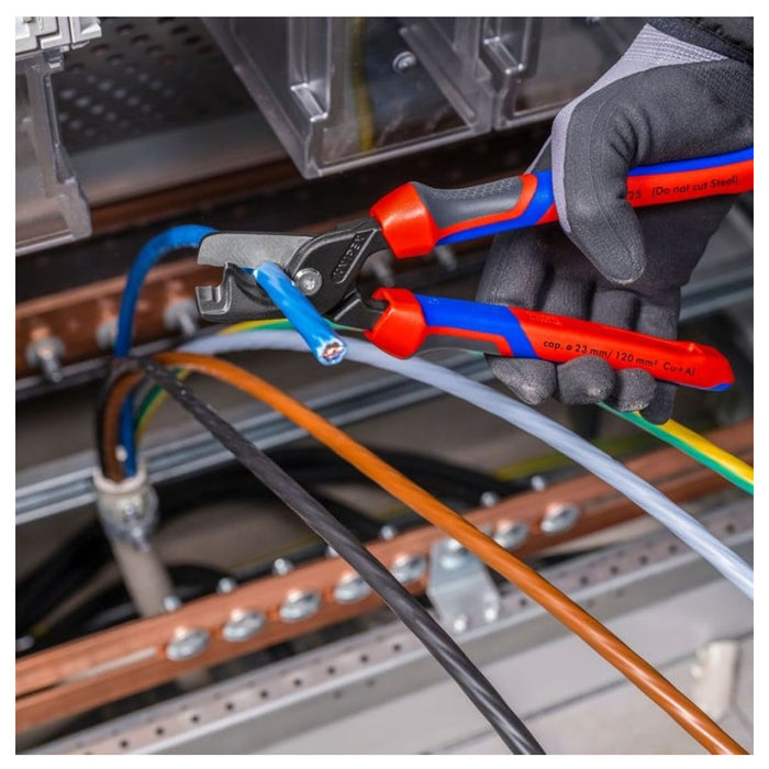 Kìm cắt cáp lưỡi kép dòng StepCut XL KNIPEX 95 12 225 chiều dài 225mm, mạ đen nhám, tay cầm bọc nhựa chống trượt