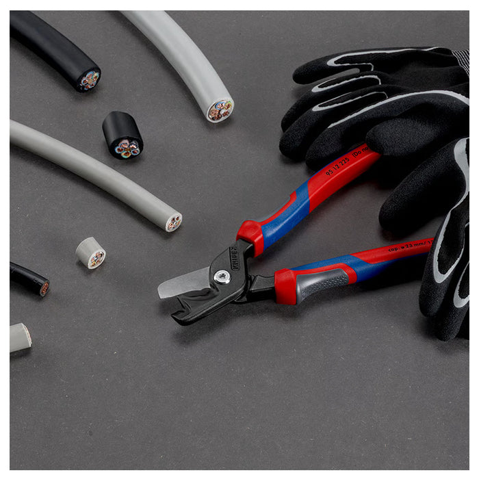 Kìm cắt cáp lưỡi kép dòng StepCut XL KNIPEX 95 12 225 chiều dài 225mm, mạ đen nhám, tay cầm bọc nhựa chống trượt