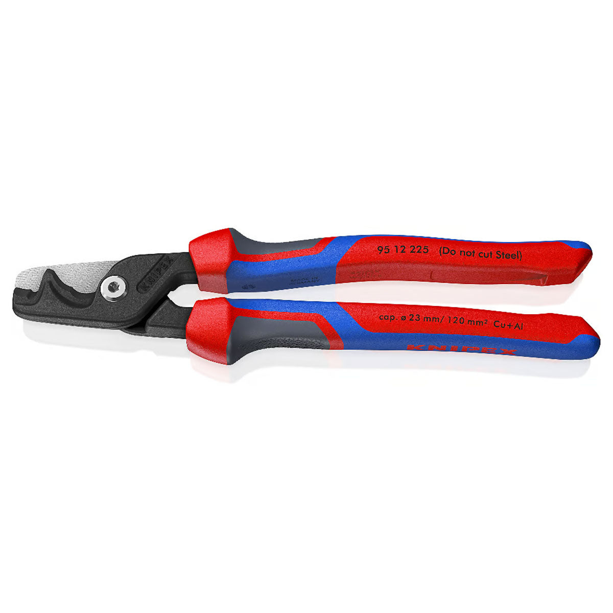 Kìm cắt cáp lưỡi kép dòng StepCut XL KNIPEX 95 12 225 chiều dài 225mm, mạ đen nhám, tay cầm bọc nhựa chống trượt