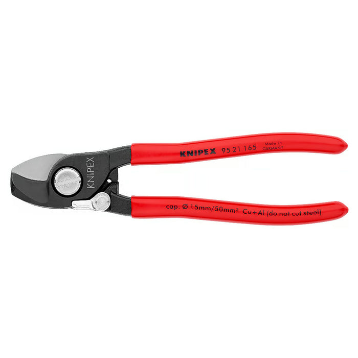 Kìm cắt cáp, tích hợp lò xo tự mở KNIPEX 95 21 165 chiều dài 165mm, mạ đen nhám, tay cầm bọc nhựa kháng dầu mở