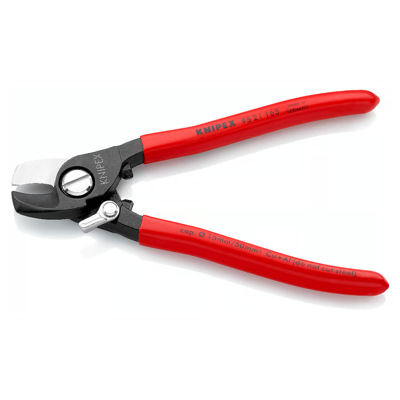 Kìm cắt cáp, tích hợp lò xo tự mở KNIPEX 95 21 165 chiều dài 165mm, mạ đen nhám, tay cầm bọc nhựa kháng dầu mở