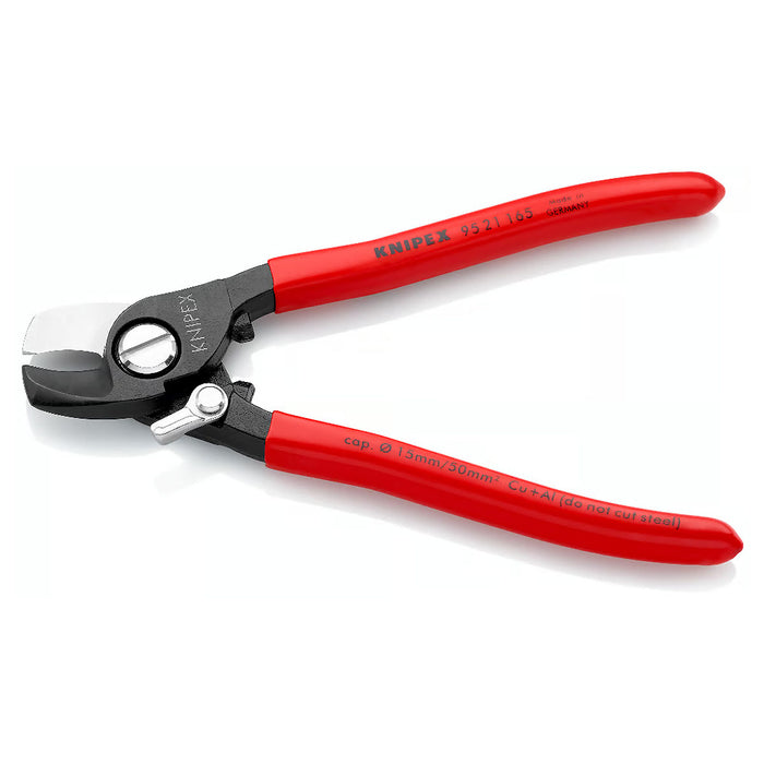 Kìm cắt cáp, tích hợp lò xo tự mở KNIPEX 95 21 165 chiều dài 165mm, mạ đen nhám, tay cầm bọc nhựa kháng dầu mở